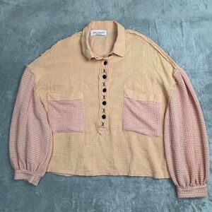 Peach Pink Gauze Waffle Knit Cotton Top S Oversized Lagenlook Cottagecore Boho